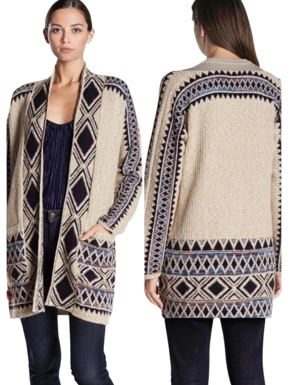 Lucky Brand Southwestern Tribal Knit Pattern Open Hooded Cardigan Sweater